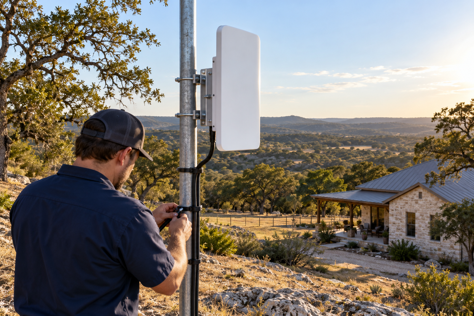 Illustration of a technician inspecting an outdoor cellular antenna at a rural Texas property.