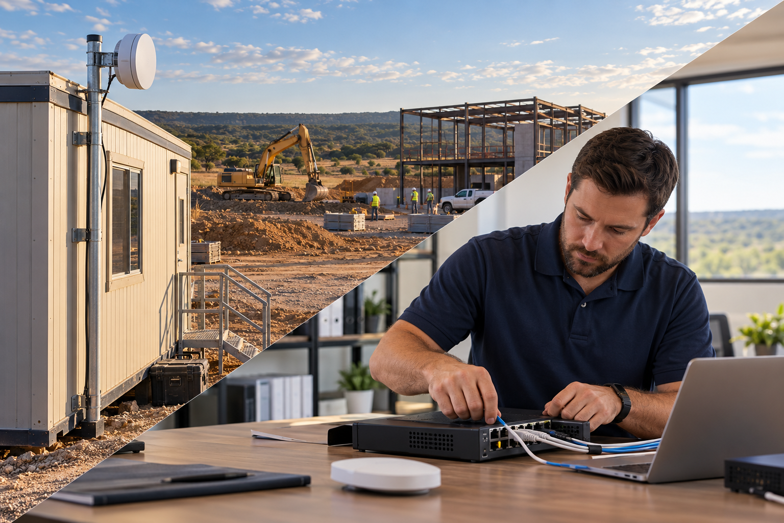 “Illustration combining outdoor LTE connectivity at a remote construction site with a technician configuring office network equipment.
