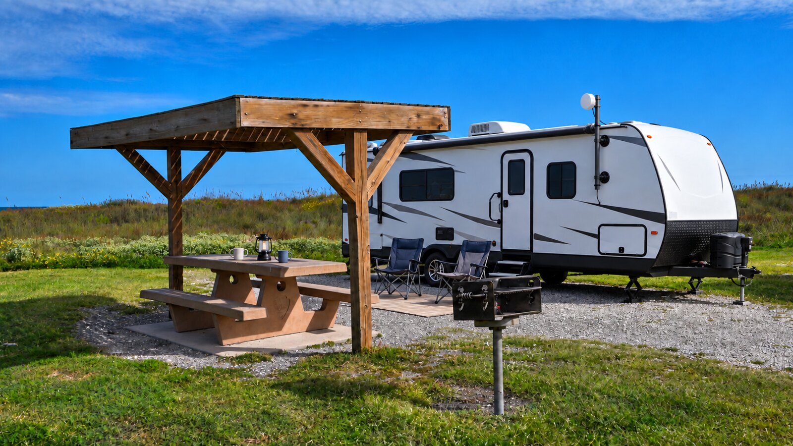 Stationary RV with an SXTR outdoor LTE antenna at a Padre Island campsite