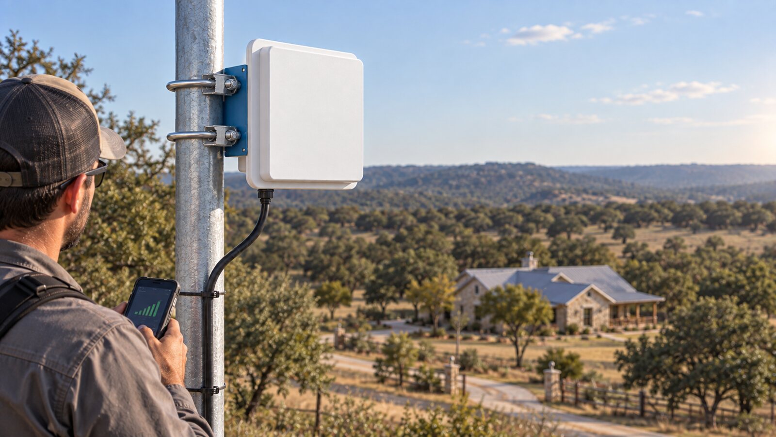 SXTR Connect technician checking an outdoor 5G antenna installation at a rural Central Texas property