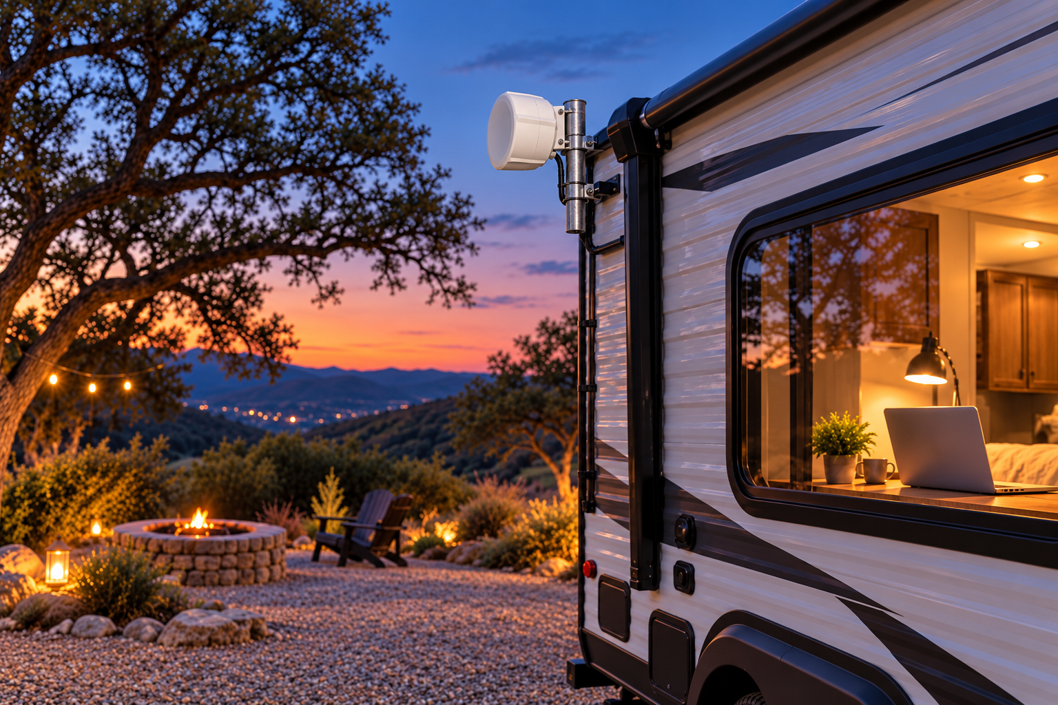 Illustration of an outdoor directional LTE antenna mounted on a parked RV at a Central Texas campsite.
