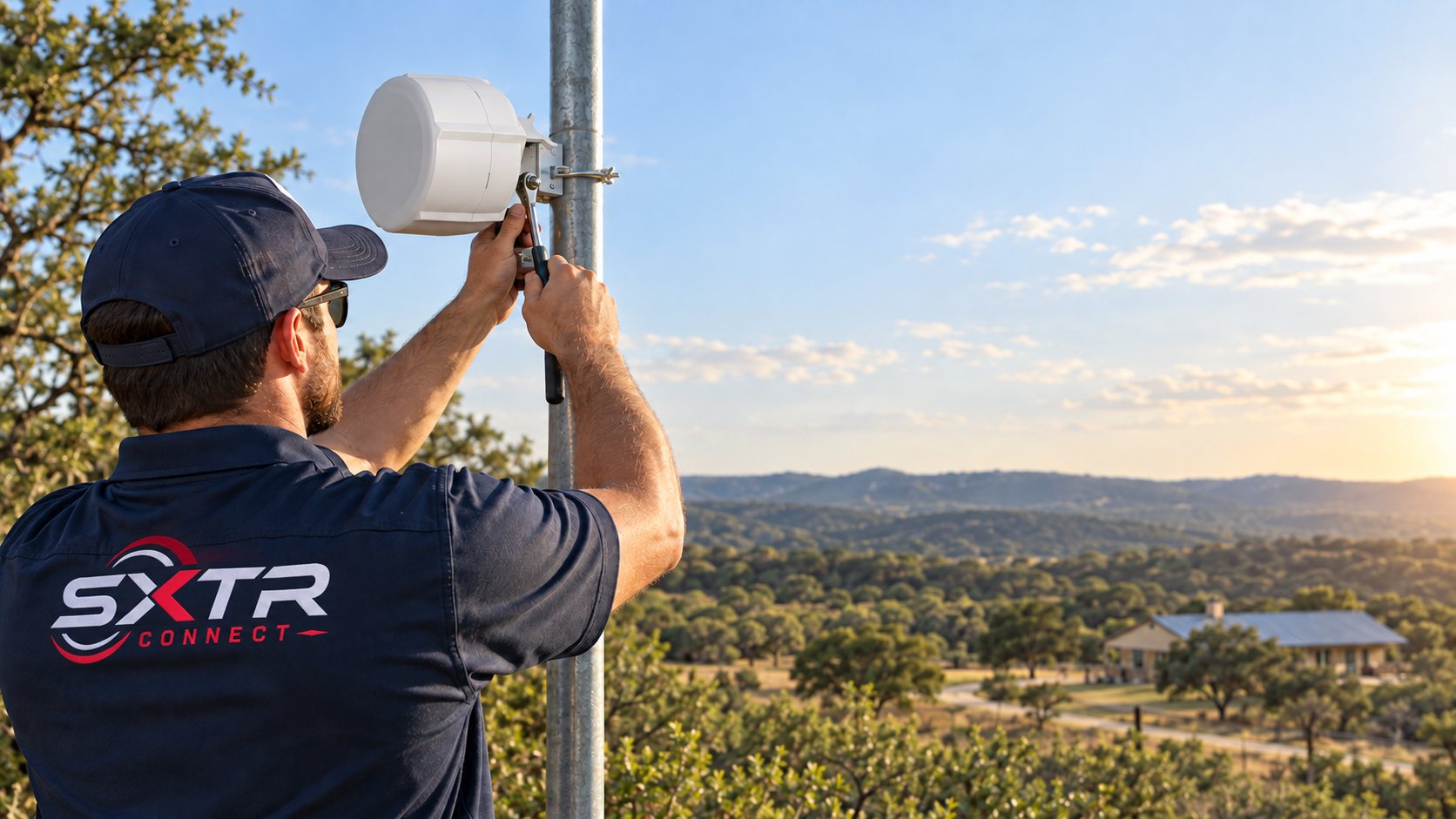SXTR Connect technician installing a high-gain directional antenna on an outdoor pole