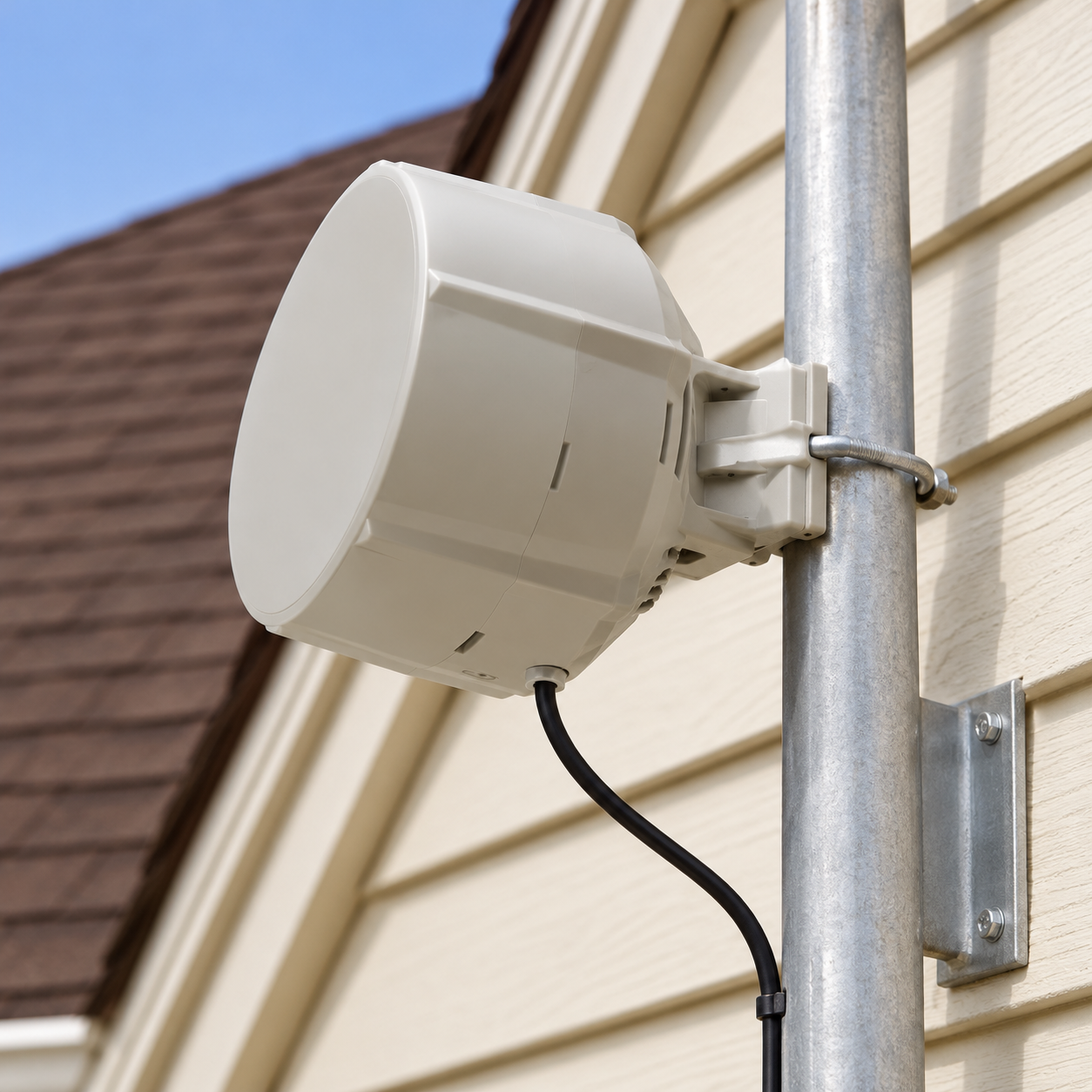 Professionally installed outdoor LTE antenna with secure pole mounting and neatly routed Ethernet cabling for reliable rural property connectivity